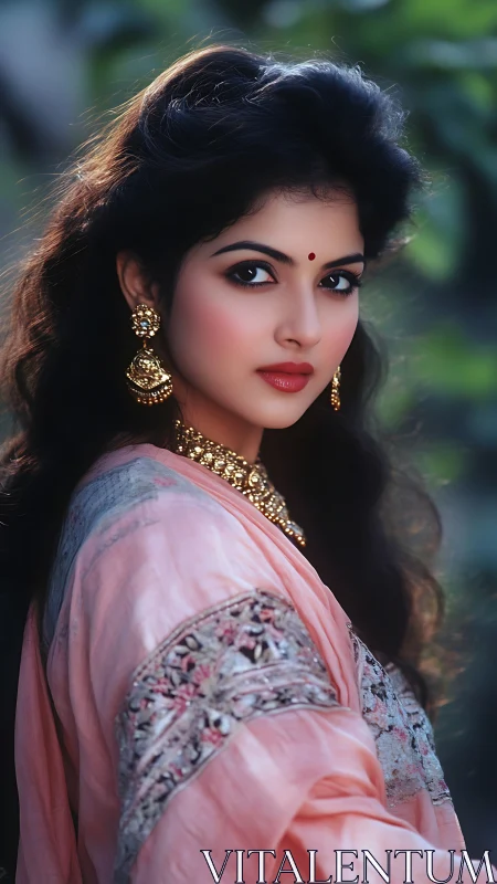 Portrait of woman in pink saree with gold traditional jewelry.