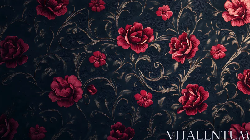 Textile pattern with crimson flowers on dark ground