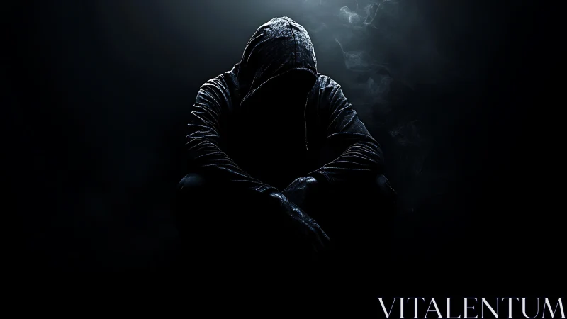 Hooded figure in low key silhouette with dramatic rim light.