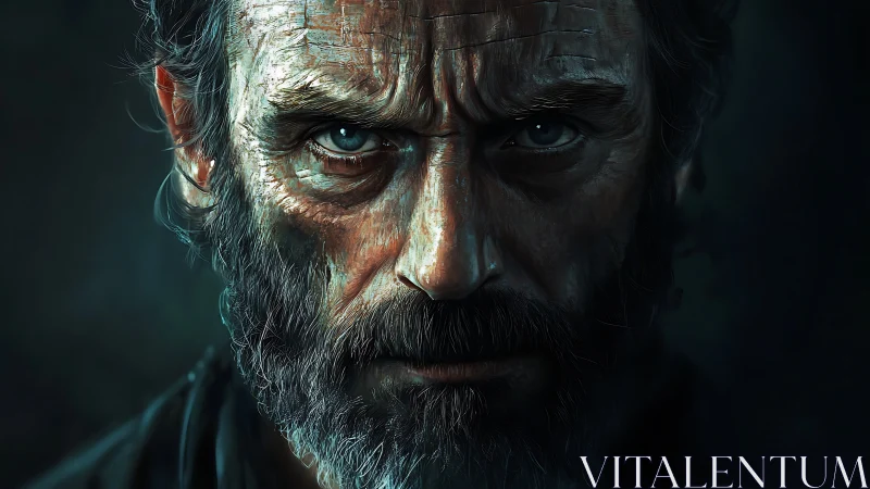 Stormlit gaze of a weathered wanderer in deep shadow.