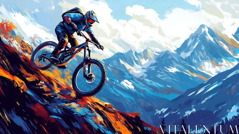 Mountain biker carves a blazing descent through painted peaks.