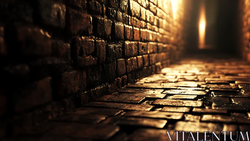 Wet brick alleyway reflects warm light along narrow walls