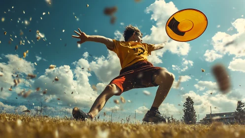 Dynamic low-angle capture of youth launching orange disc.