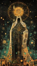 Digital painting of astral hierophant with radiant halo geometry.