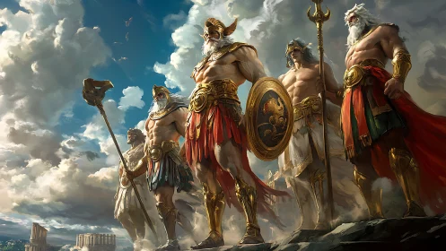 Olympian gods stand over clouds in golden war armor.