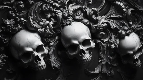 Ornate human skulls emerging from dark baroque foliage.