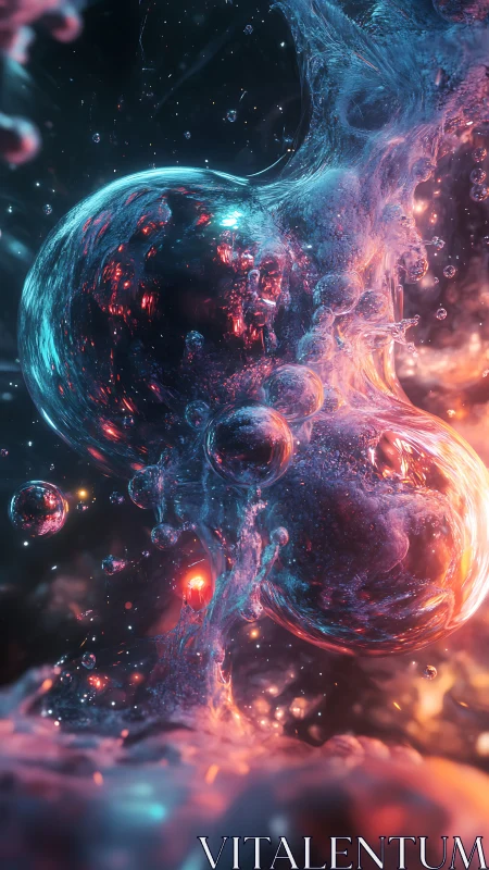 Glowing liquid bubbles swirling in a dark cosmic space.