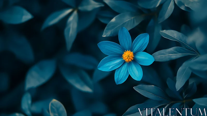 Blue cosmos flower with golden center stands in sharp focus amid blurred foliage