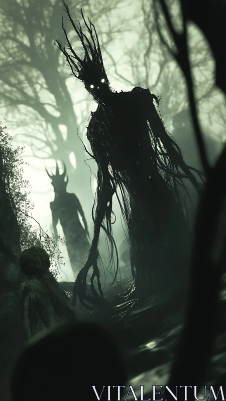 Twisted forest wraiths advance through fog toward viewer