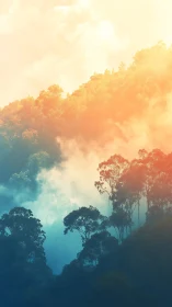 Misty Forest Valley Glowing with Sunrise Warmth.