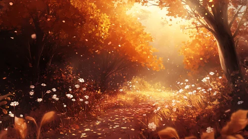 Autumn woodland path with backlit foliage and drifting petals