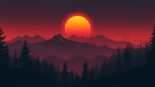 Digital painting sunset over layered conifer mountainscape.