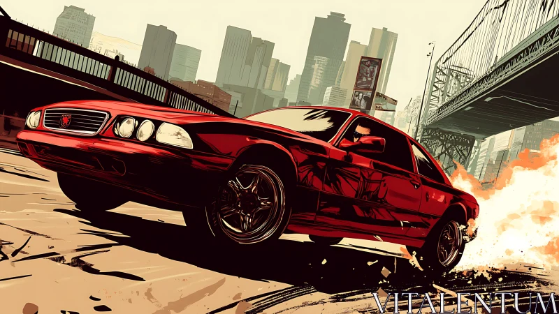 Red city street racer sliding through an urban sunset chase.