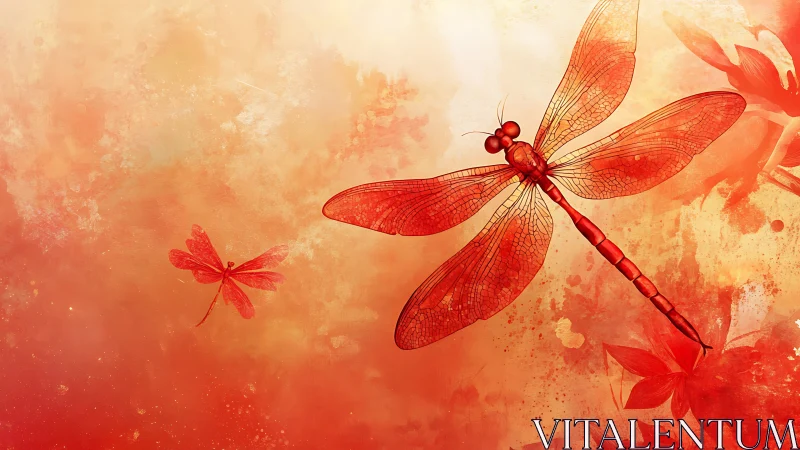 Red dragonfly illustration overlays atmospheric watercolor field