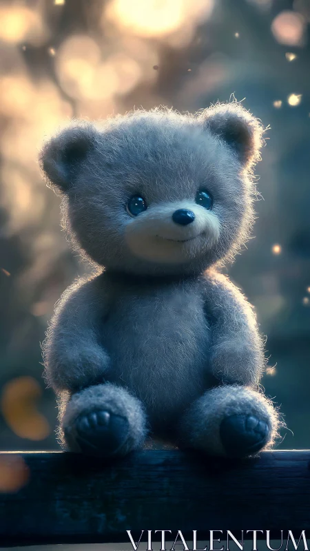 Glow-eyed plush bear basking in a dreamy twilight forest.