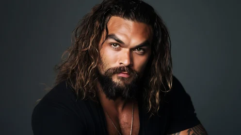 Bearded long‑haired man under soft portrait studio light.