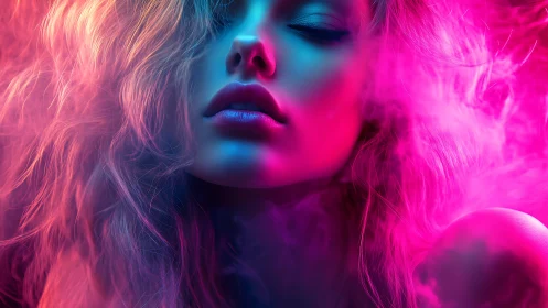 Neon-lit female portrait in vivid pink and cyan haze.
