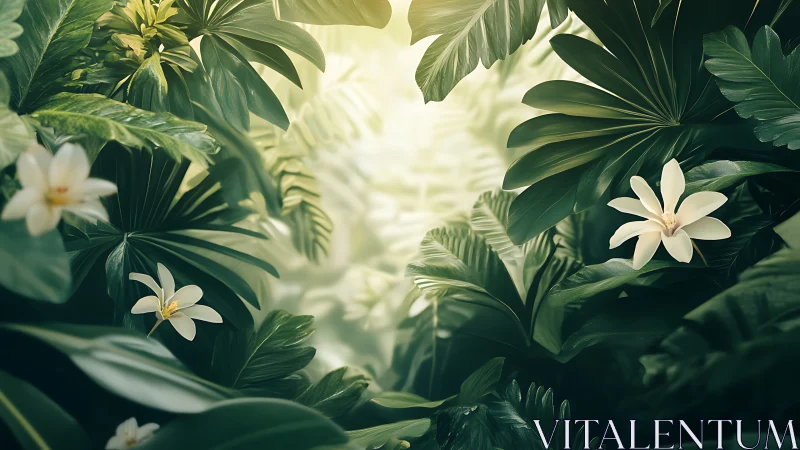 Tropical foliage envelops white flowers under diffused light