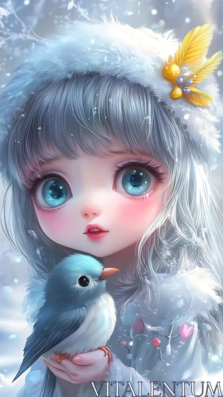 Snowy girl with bluebird and luminous winter gaze.