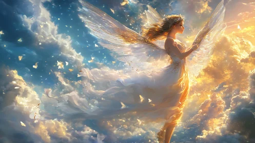 Sunlit skyborne seraph drifts through clouds of molten dawn.