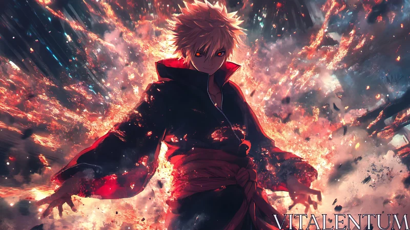 Fierce fire-wielder stands calm within a blazing inferno