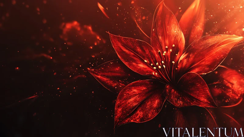 Luminous red lily rendered with high contrast bokeh particles