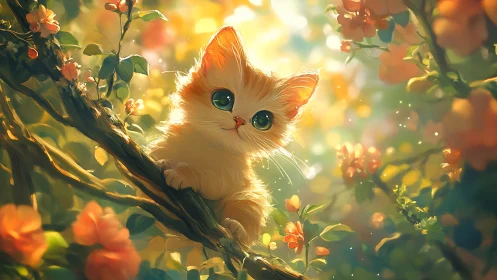 Luminous Kitten Perched Among Flowering Branches.