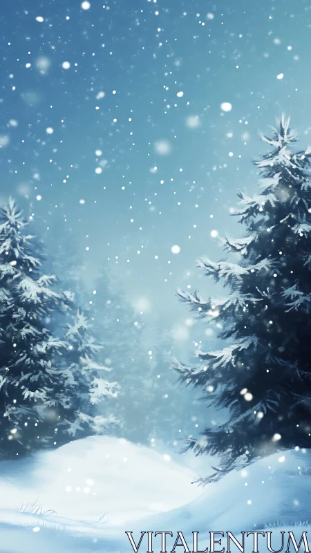 Snowy evergreens glimmer softly in a tranquil winter storm.