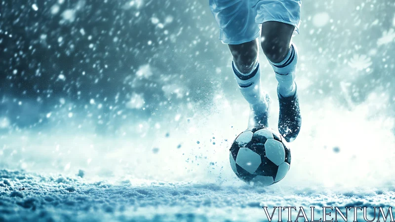 Soccer player drives ball through swirling winter snowstorm.