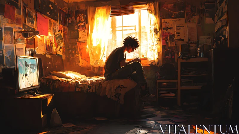 Solitary teenager in messy bedroom lit by warm sunset.