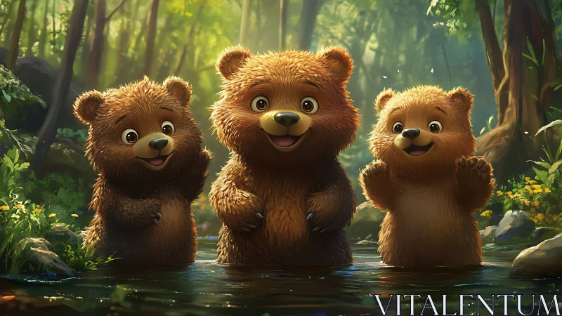 Playful bear cub trio splashing through a sunlit forest creek.