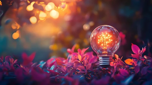 Garden dusk quietly crowns a glowing glass idea bulb