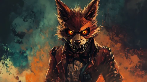 Sinister anthropomorphic fox portrait with infernal chromatic fire