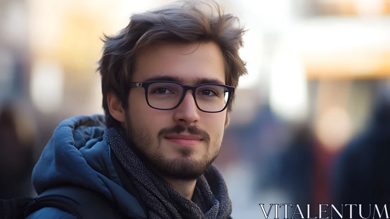 Urban portrait showcases thoughtful man in winter light.