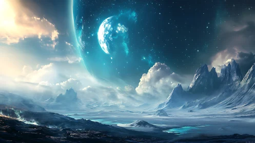 Gentle blue planet rising over a frozen cosmic shoreline.