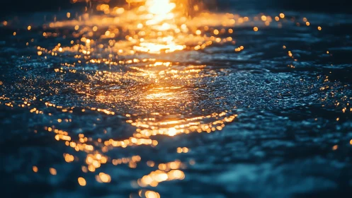 Raindrops strike wet ground under strong warm backlighting