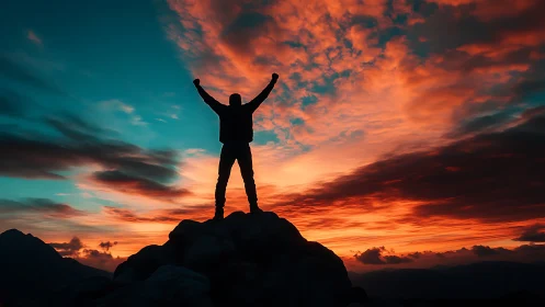 Silhouette atop rocky peak under blazing sunset sky.