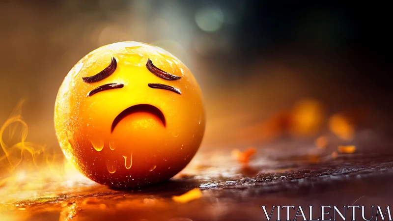 Glistening sad emoji sphere under warm cinematic glow.