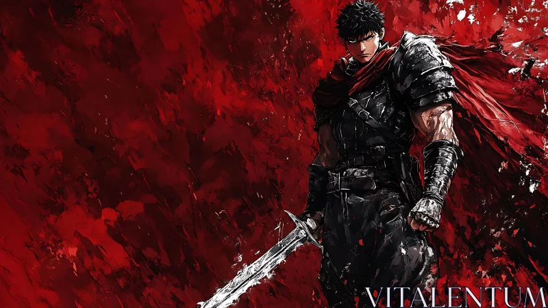 Dark armored swordsman against violent red storm backdrop.