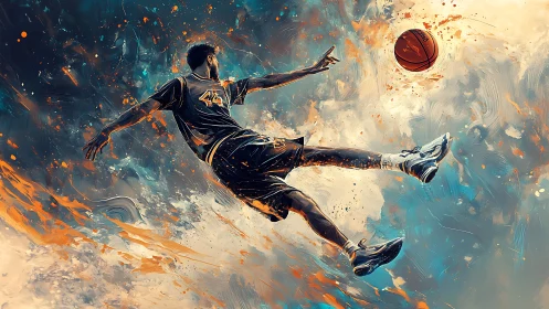 Soaring street baller splashed in swirling color and light.