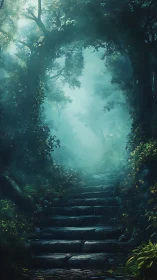Misty forest pathway bathed in ethereal turquoise luminescence.