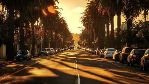 Golden hour boulevard with palm shadows and parked cars.