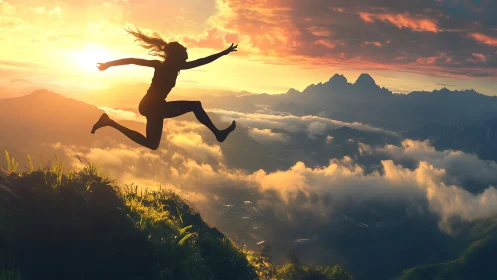 Silhouette jumps above sunrise valley clouds on mountain ridge