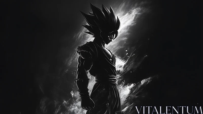 Silhouetted anime fighter stands before abstract light field