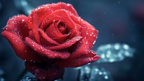 Red rose with water droplets on dark blue background