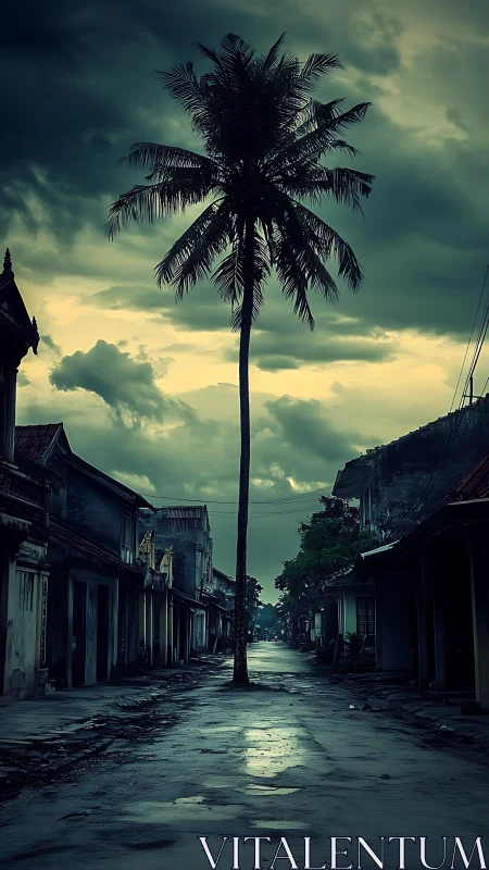 Lonely palm tree rises over deserted rain-soaked street.