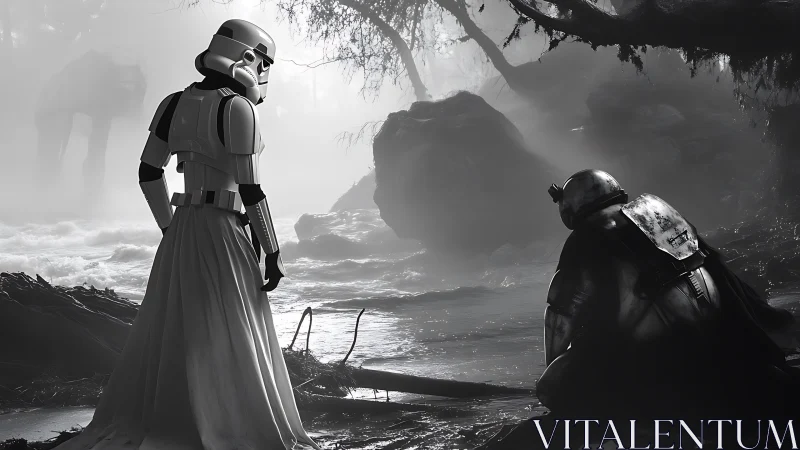 Stormtrooper figures in misty swamp with armored ally.