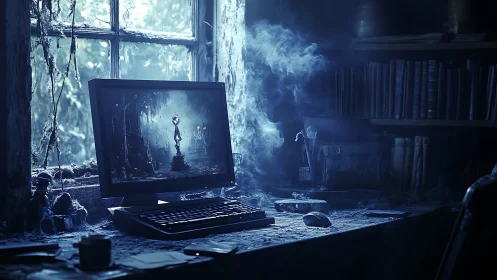 Dust-laden desktop workstation emits eerie volumetric blue smoke