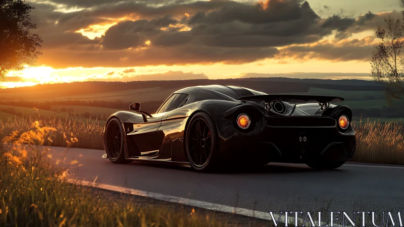 Aerodynamic hypercar silhouetted against volumetric sunset sky.