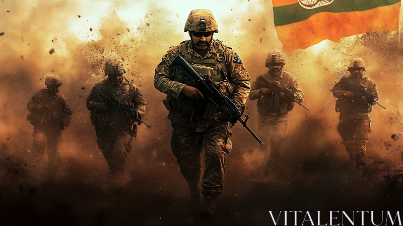 Dustborne soldiers surge forward beneath blazing colors.